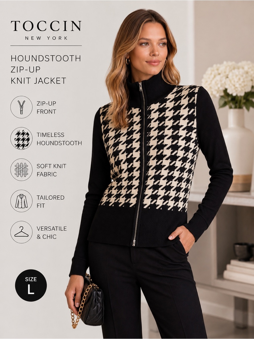 Toccin NYC Black Cream Houndstooth Knit Zip Jacket Sweater Size L